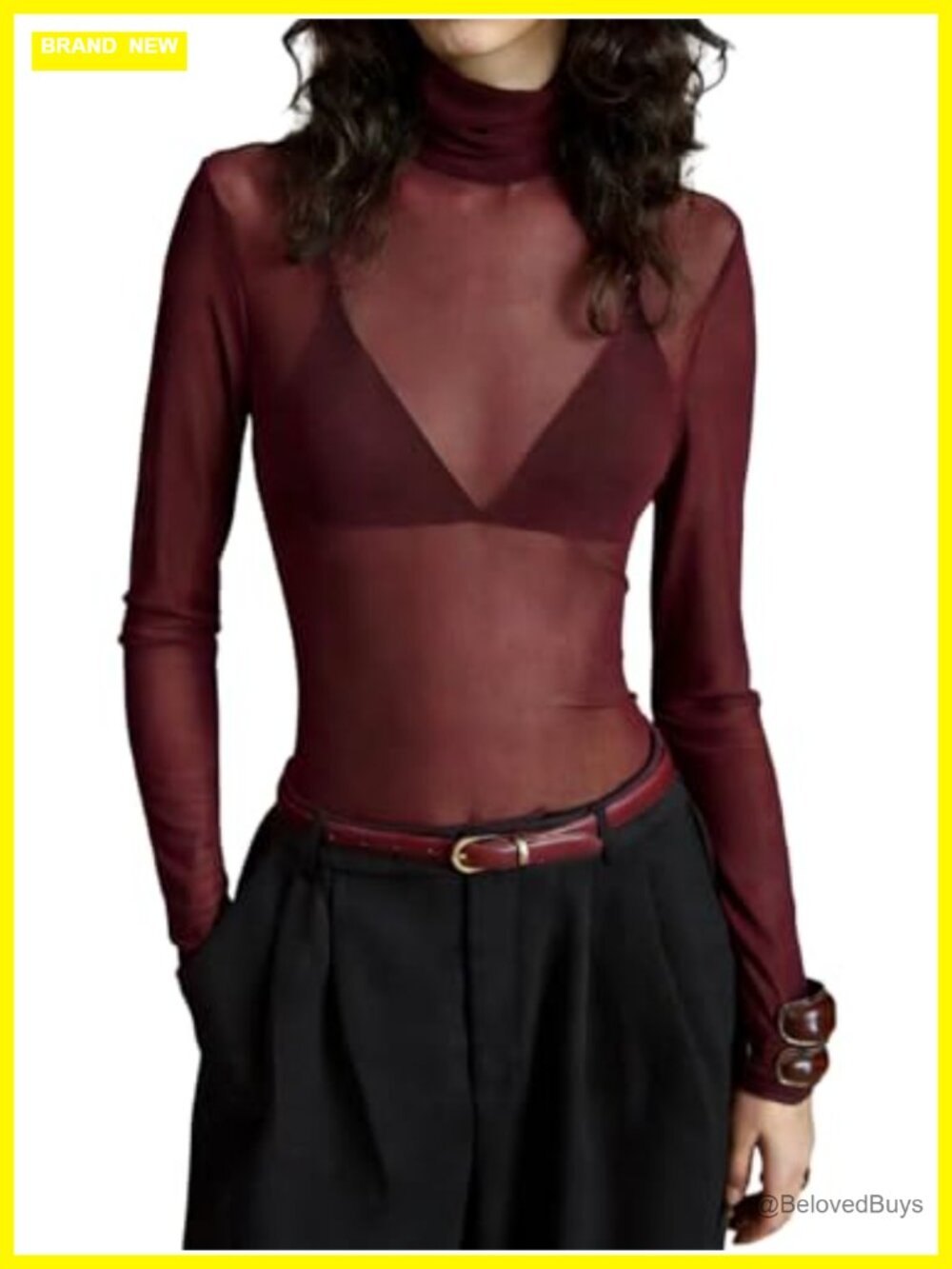 Women's Sheer Mesh Turtleneck Long Sleeve See Through Top